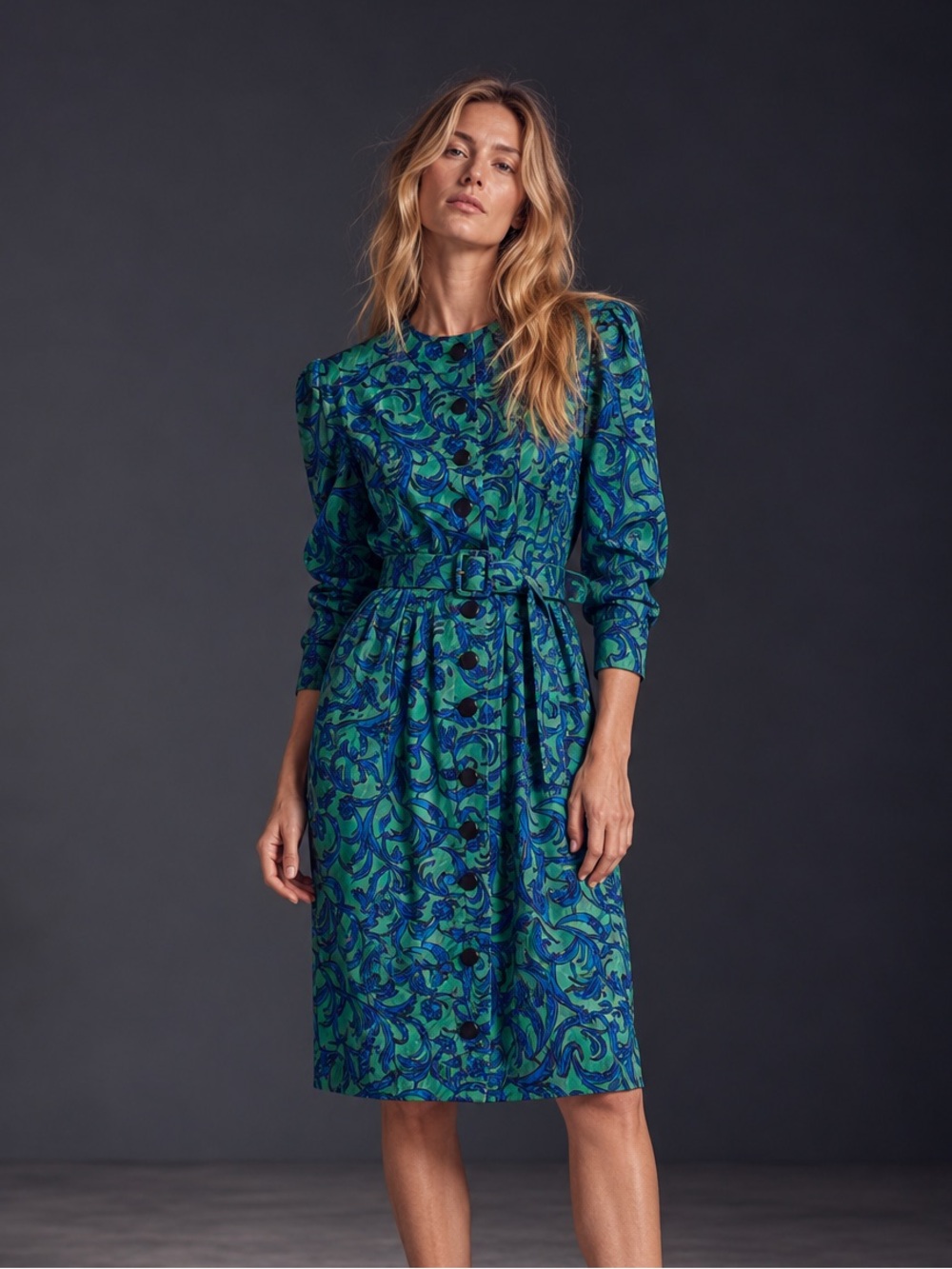 Adrianna Papell Vintage Green Blue Baroque Belted Midi Dress Size 8